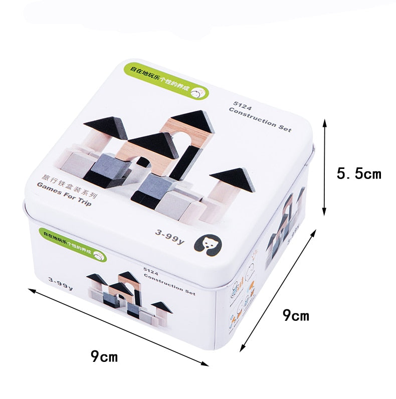 Construction set packaging with dimensions on a white background Wooden Cube Puzzle in Tin Box Toddler Travel Toy & Brain Teaser bleu ribbon