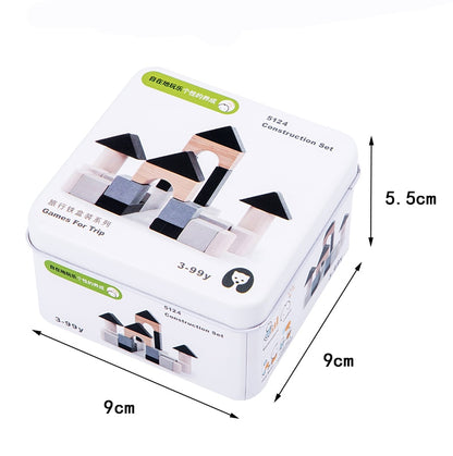 Construction set packaging with dimensions on a white background Wooden Cube Puzzle in Tin Box Toddler Travel Toy & Brain Teaser bleu ribbon