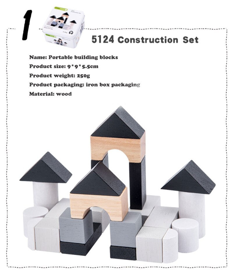 Set of wooden building blocks with a castle-like structure on a white background Wooden Cube Puzzle in Tin Box Toddler Travel Toy & Brain Teaser bleu ribbon