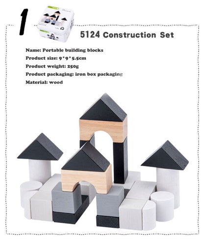Set of wooden building blocks with a castle-like structure on a white background Wooden Cube Puzzle in Tin Box Toddler Travel Toy & Brain Teaser bleu ribbon