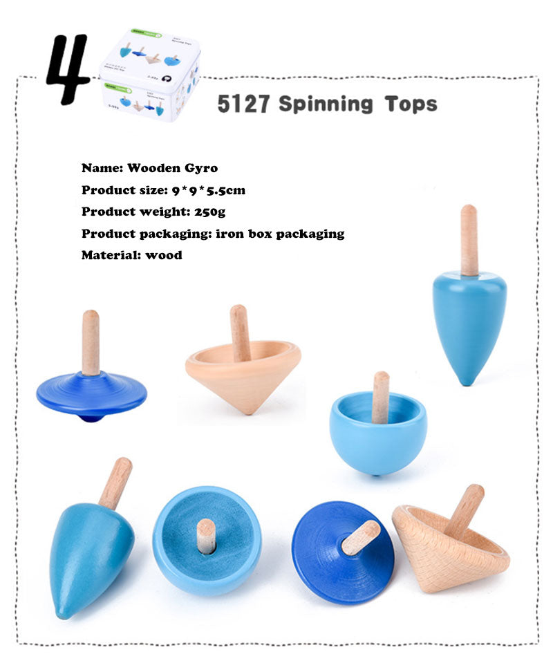 Set of wooden spinning tops with product details on a white background Wooden Cube Puzzle in Tin Box Toddler Travel Toy & Brain Teaser bleu ribbon