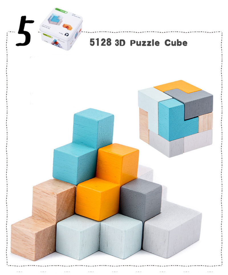 Colorful 3D puzzle cube with packaging on a white background Wooden Cube Puzzle in Tin Box Toddler Travel Toy & Brain Teaser bleu ribbon