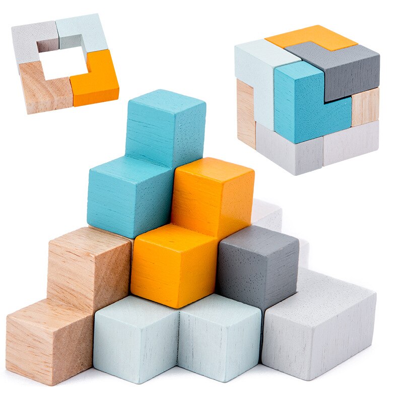 Colorful wooden blocks arranged in various configurations on a white background Wooden Cube Puzzle in Tin Box Toddler Travel Toy & Brain Teaser bleu ribbon
