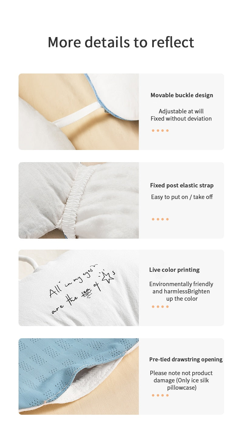 Close-up details of adjustable buckle, elastic straps, and eco-friendly color printing on organic baby pillow.