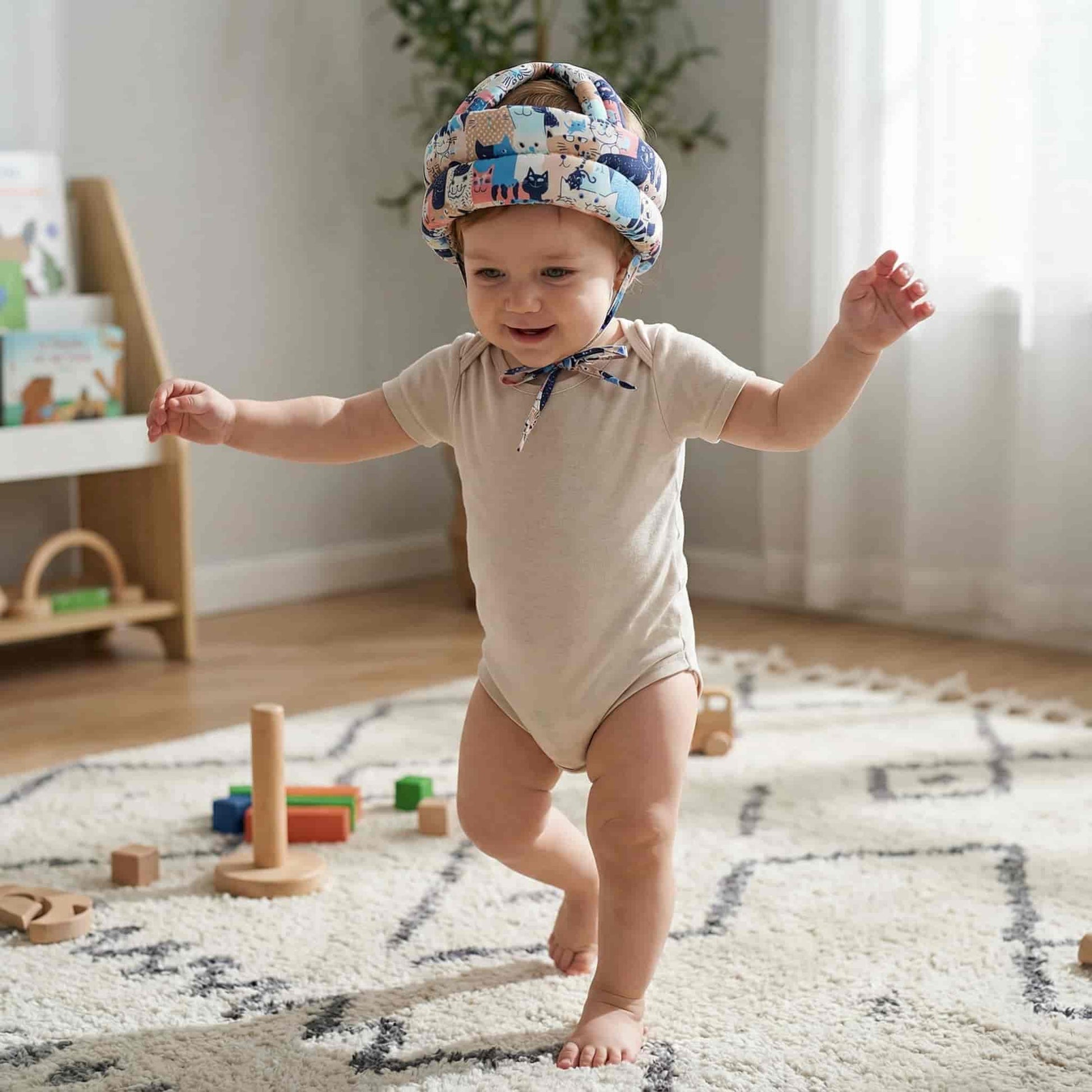Toddler taking first wobbly steps in a nursery wearing a SafePlay head protector backpack to cushion falls.