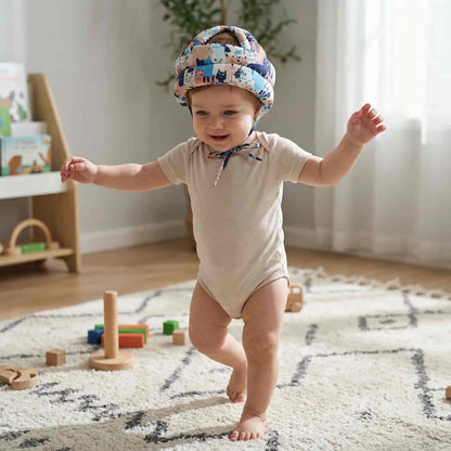 Toddler taking first wobbly steps in a nursery wearing a SafePlay head protector backpack to cushion falls.