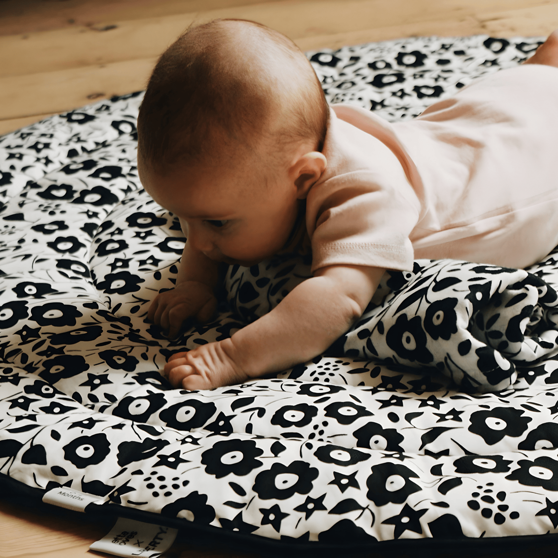 A side close-up of a baby wearing a pink top practicing tummy time, highly engaged by the high-contrast black and white sensory pattern of the Etta Loves x Liberty round playmat.