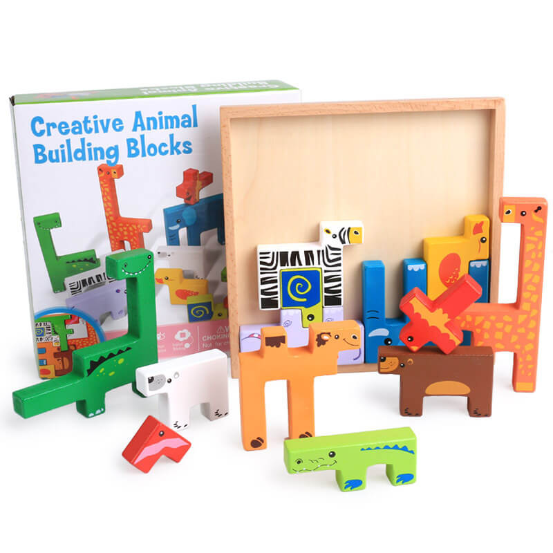 Beech Wood Animal Stacking Blocks for Toddlers by BleuRibbon Baby