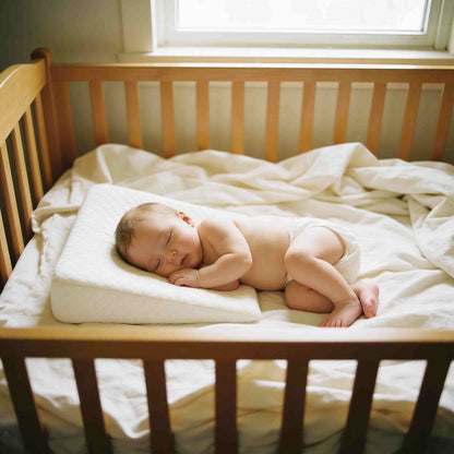 Newborn baby sleeping peacefully on BleuRibbon memory foam anti-reflux wedge pillow inside a crib. Breathable infant sleep positioner for colic and congestion relief.