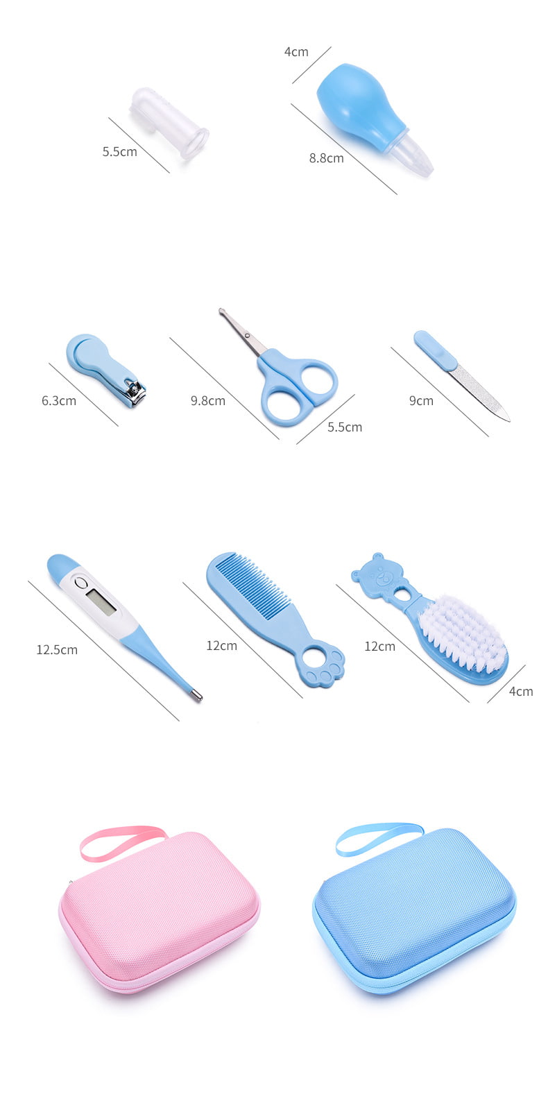 Collection of baby care items with measurements and two carrying cases on a white background bleu ribbon