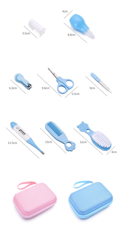 Collection of baby care items with measurements and two carrying cases on a white background bleu ribbon