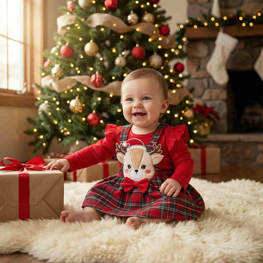 Happy baby girl sitting near a Christmas tree wearing the Reindeer Joy 3-piece set, featuring a red bodysuit and tartan reindeer jumper dress.