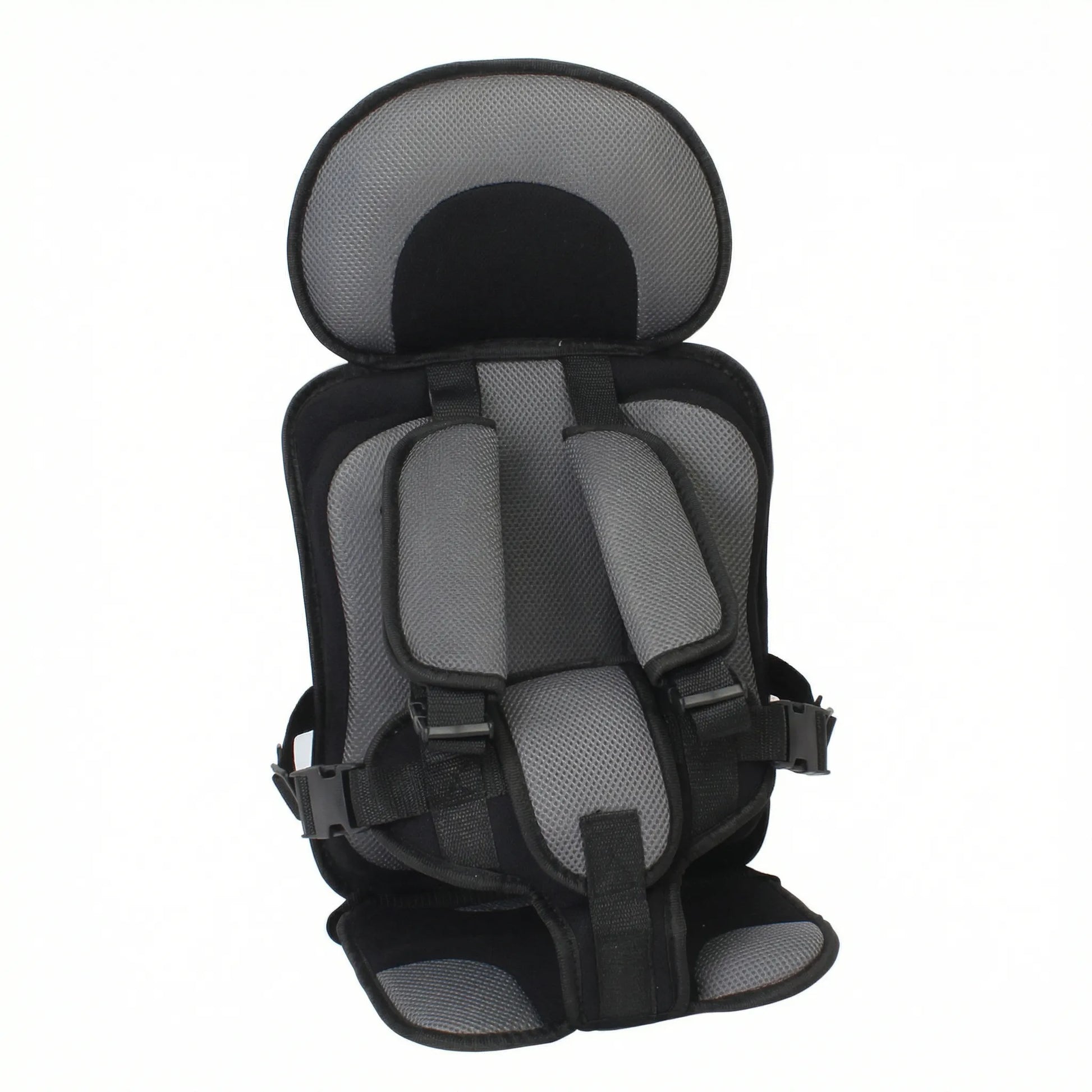 Soft Headrest Padding on Booster Seat – CozyLift. Black and gray child car seat on a white background