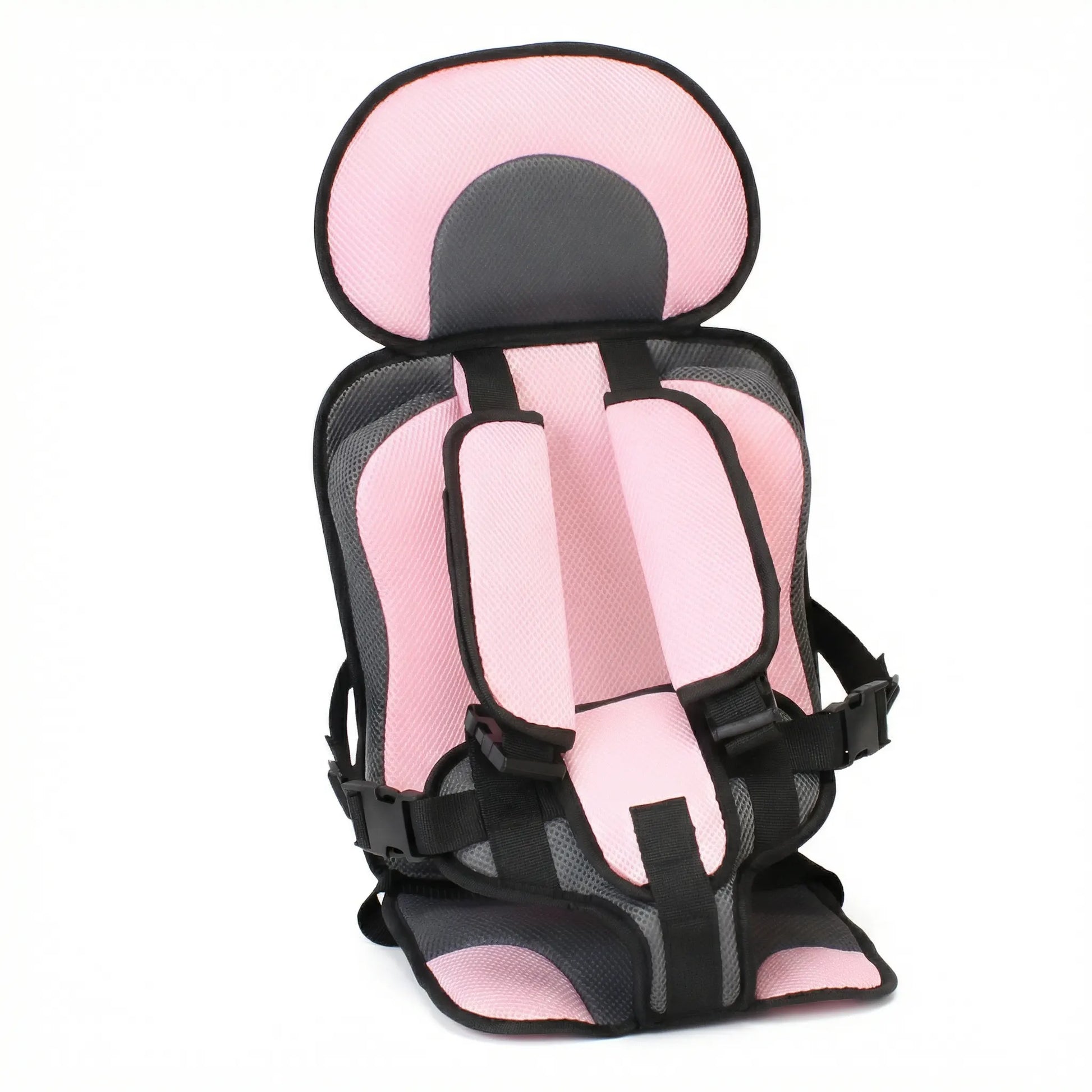 Soft Headrest Padding on Booster Seat – CozyLift. Pink and black child safety seat on a white background