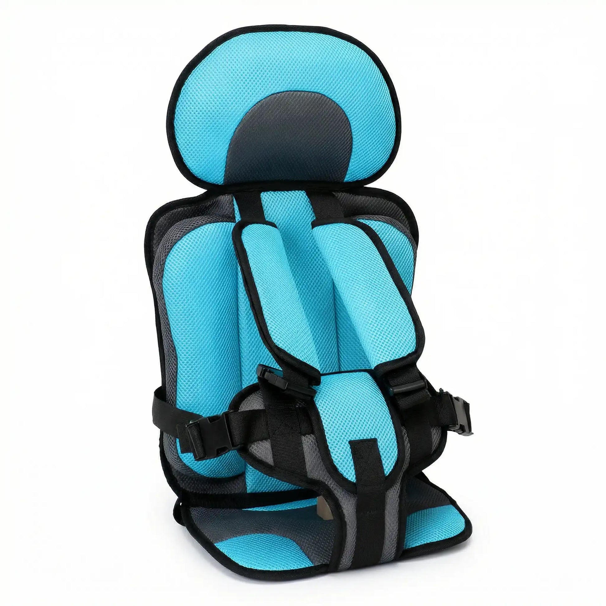 Soft Headrest Padding on Booster Seat – CozyLift. Blue and black child car seat on a white background