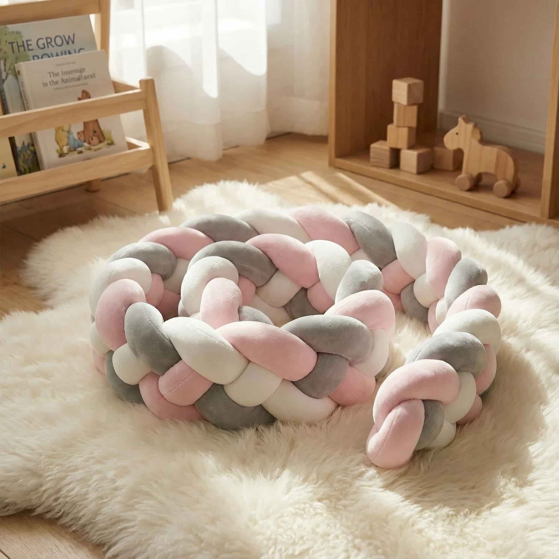 Stylish braided knot pillow arranged on a nursery rug. Versatile soft floor cushion and decorative accent for modern baby rooms.