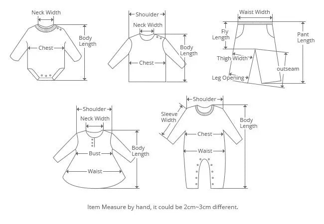 Measurement chart for children's clothing with labeled parts and dimensions. bleu ribbon