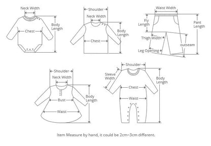 Measurement chart for children's clothing with labeled parts and dimensions. bleu ribbon