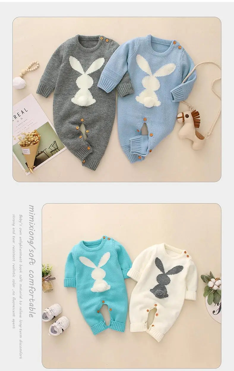 Two pairs of baby sweaters with bunny designs on a beige background. bleu ribbon baby
