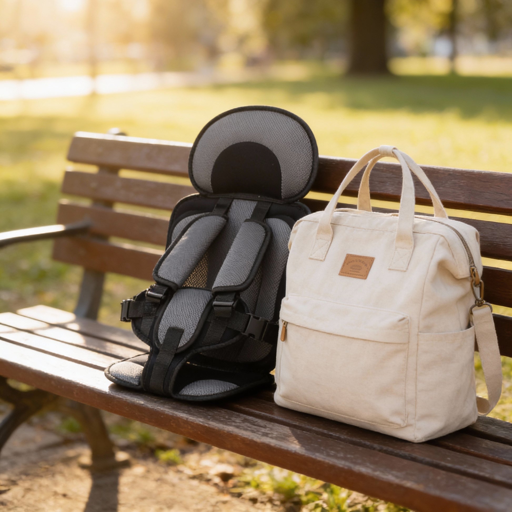 BleuRibbon portable baby seat placed next to a diaper bag on a park bench. Lightweight, compact, and foldable travel essential for dining on the go.