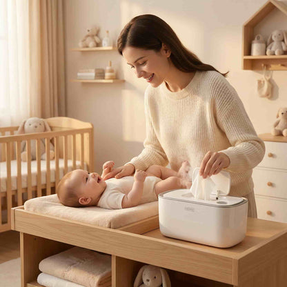 Smiling mother changing a happy baby's diaper on a changing table, using the CozyCaress Smart Wipe Warmer to provide soothing warm wipes.