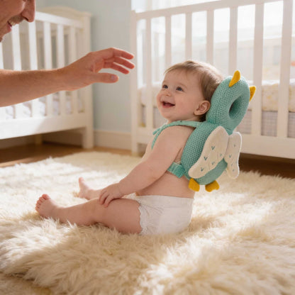 Baby sitting safely on a rug with BleuRibbon bee head cushion supporting their fall. Prevents flat head and rear injuries.