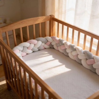 BleuRibbon NordicKnot 4-strand braided crib bumper in pink, grey, and white. Plush velvet safety guard for baby crib rails to prevent bumping.