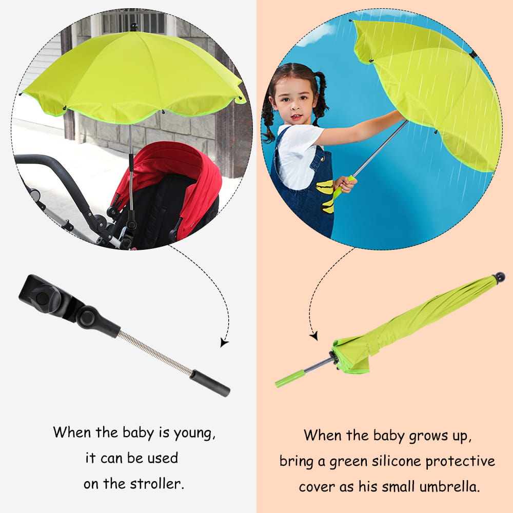 Green umbrella with adjustable handle for baby stroller and personal use. bleu ribbon baby