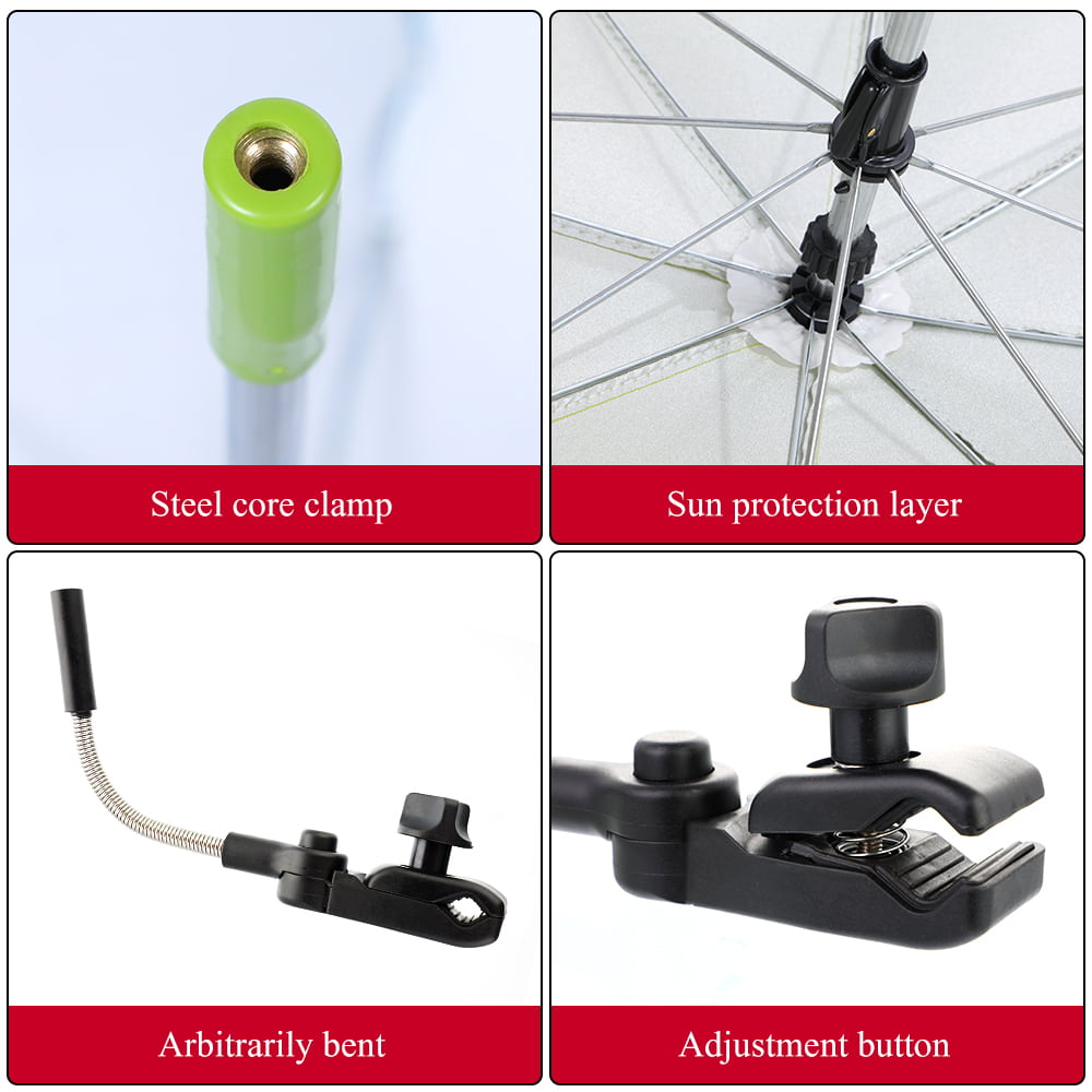 Collage of a product with labeled parts including a steel core clamp, sun protection layer, arbitrarily bent feature, and adjustment button. bleu ribbon baby