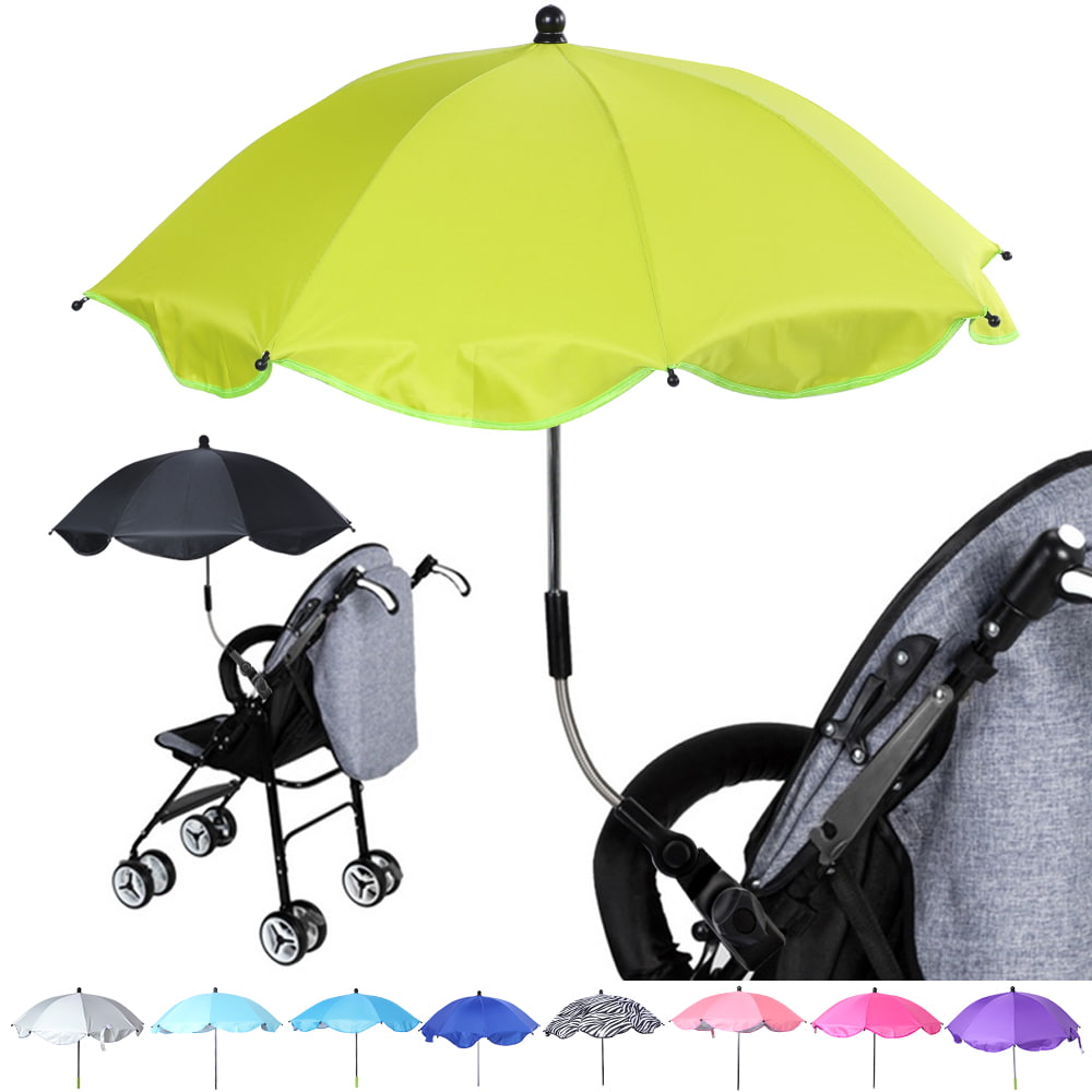Yellow umbrella attached to a stroller with color swatches below. bleu ribbon baby