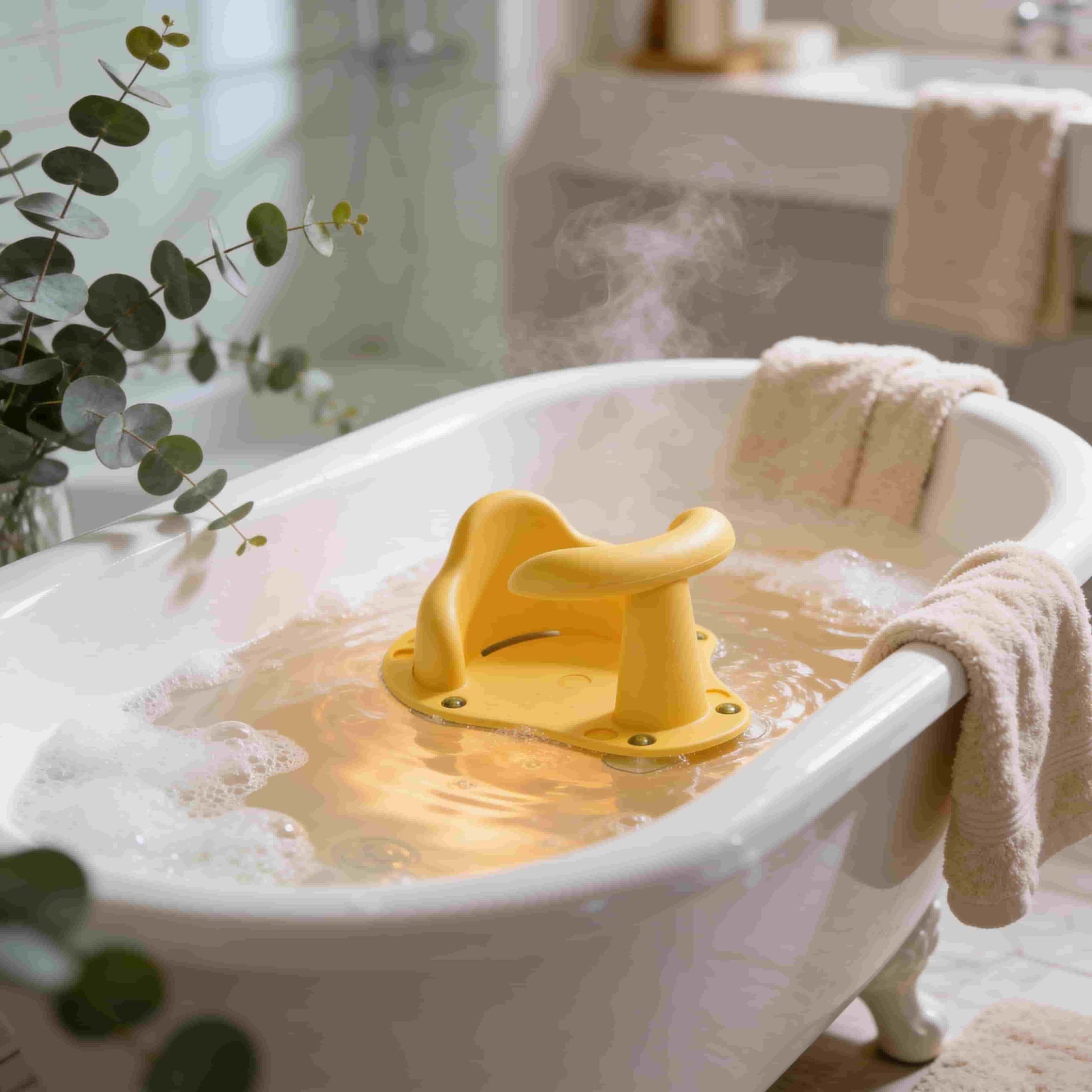 Non-slip yellow baby bath seat with suction cups in a bathtub. Secure bathing support for infants sitting up.