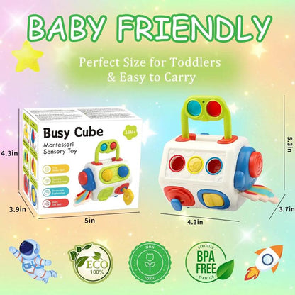 BleuRibbon Baby Busy Cube Montessori Sensory Toy, educational and safe for toddlers.