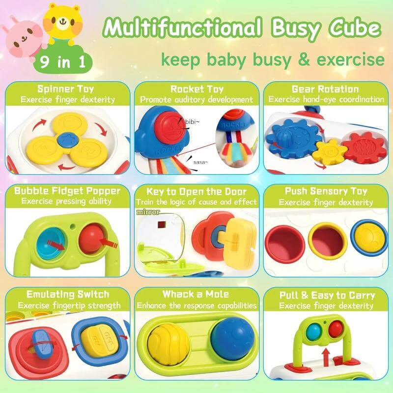 BleuRibbon Baby Busy Cube Montessori Sensory Toy, educational and safe for toddlers.