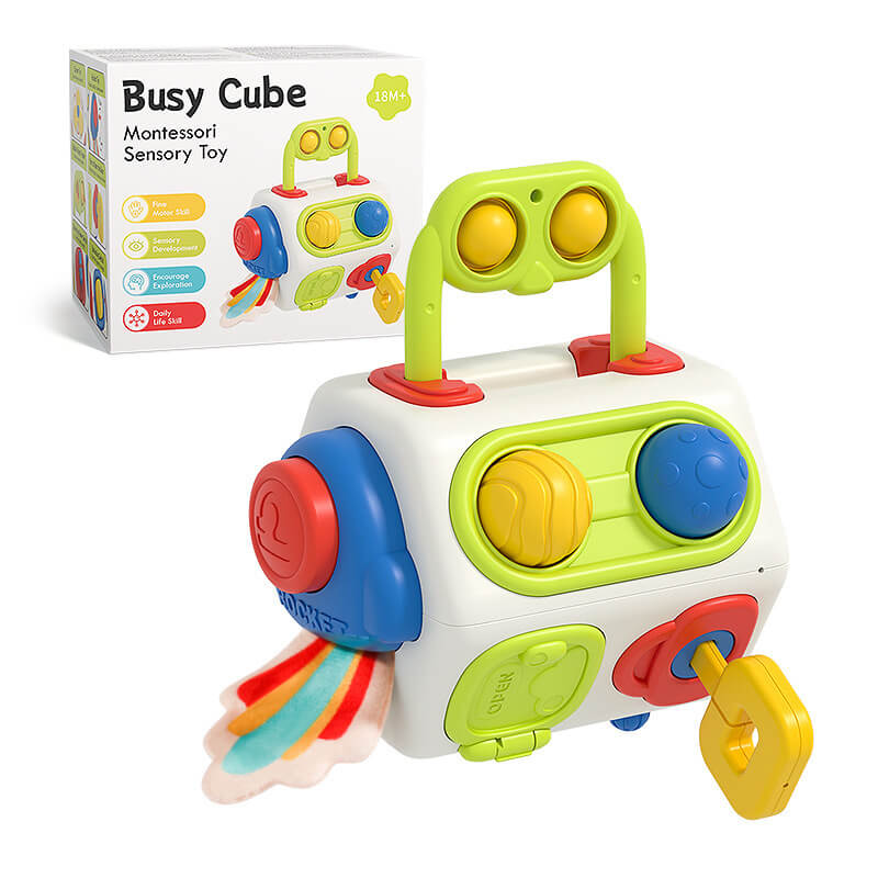 BleuRibbon Baby Busy Cube Montessori Sensory Toy, educational and safe for toddlers.