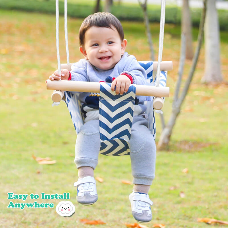 BleuRibbon Baby Canvas Swing, soft cotton and sturdy wooden hanging chair for babies and toddlers.