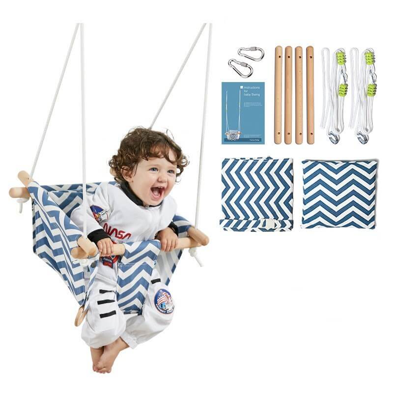 BleuRibbon Baby Canvas Swing, soft cotton and sturdy wooden hanging chair for babies and toddlers.