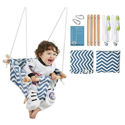 BleuRibbon Baby Canvas Swing, soft cotton and sturdy wooden hanging chair for babies and toddlers.