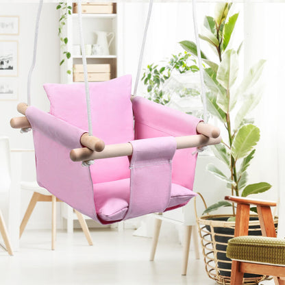 BleuRibbon Baby Canvas Swing, soft cotton and sturdy wooden hanging chair for babies and toddlers.