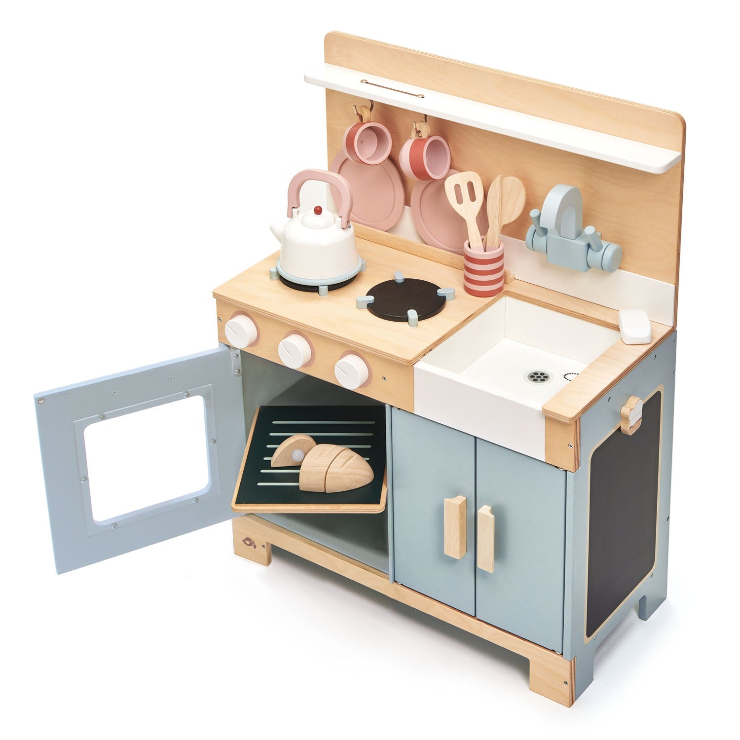 Front-facing hero shot of the contemporary gender-neutral wooden play kitchen by Tender Leaf Toys, featuring sustainable rubberwood and modern color palette.