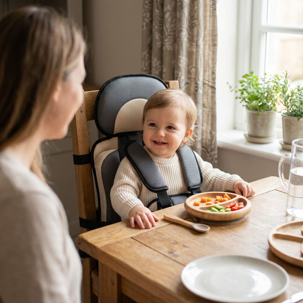 Happy toddler safely sitting in the beige CozyLift portable baby booster seat attached to a wooden dining chair during family mealtime.