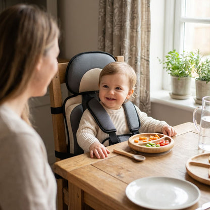 Happy toddler safely sitting in the beige CozyLift portable baby booster seat attached to a wooden dining chair during family mealtime.