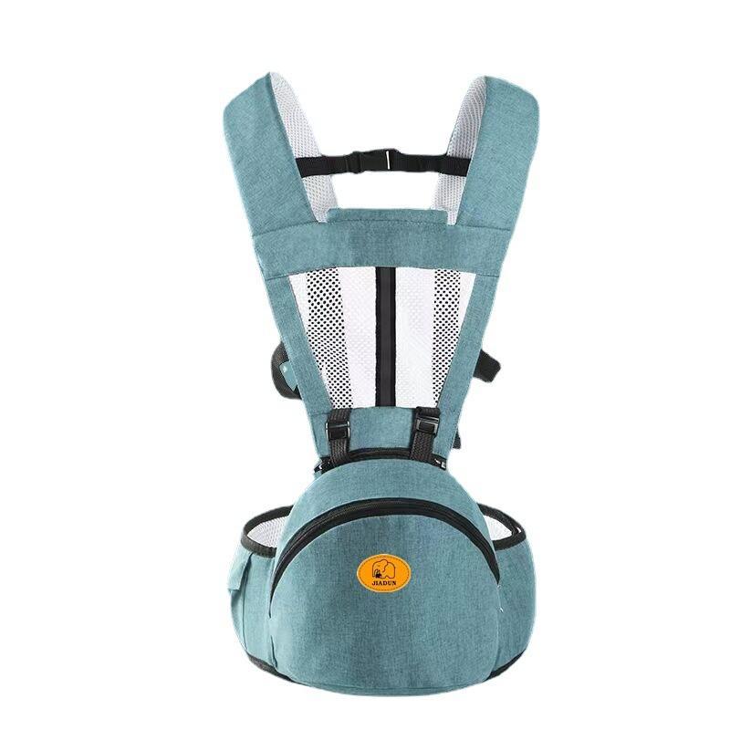 BleuRibbon Baby Ergonomic Hip Seat Carrier with soft padding, adjustable straps, and storage for infants and toddlers.