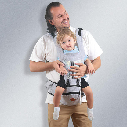 BleuRibbon Baby Ergonomic Hip Seat Carrier with soft padding, adjustable straps, and storage for infants and toddlers.