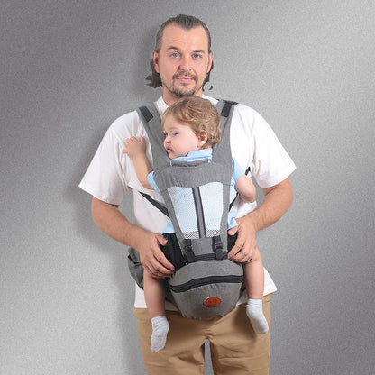 BleuRibbon Baby Ergonomic Hip Seat Carrier with soft padding, adjustable straps, and storage for infants and toddlers.