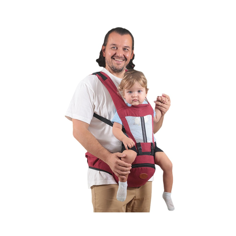 BleuRibbon Baby Ergonomic Hip Seat Carrier with soft padding, adjustable straps, and storage for infants and toddlers.