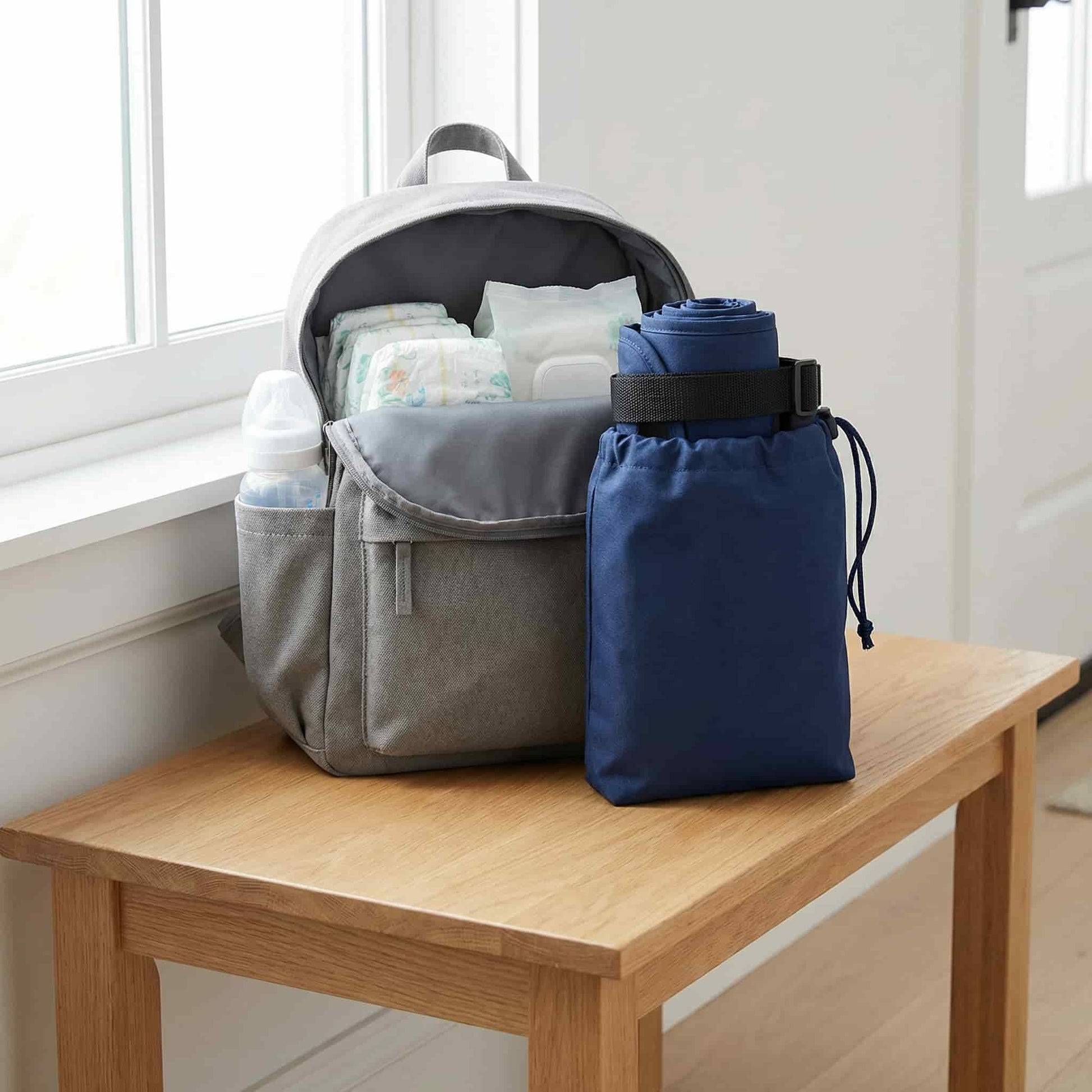 Navy blue fabric travel high chair folded neatly into its pouch next to a diaper backpack, illustrating its lightweight and space-saving design for travel.