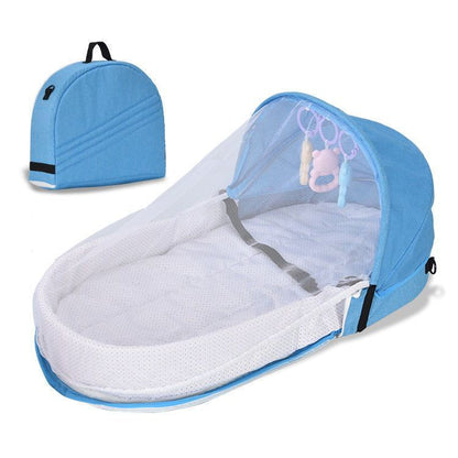 BleuRibbon Baby Folding Anti-Pressure Crib – Portable crib with linen fabric, mosquito net, and foldable design.