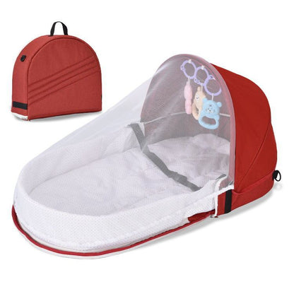 BleuRibbon Baby Folding Anti-Pressure Crib – Portable crib with linen fabric, mosquito net, and foldable design.