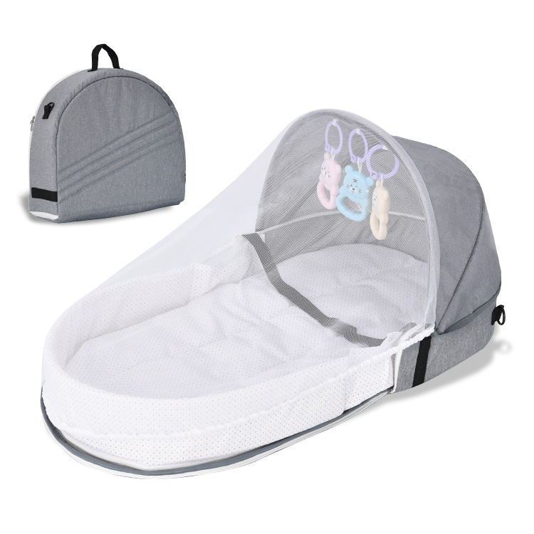 BleuRibbon Baby Folding Anti-Pressure Crib – Portable crib with linen fabric, mosquito net, and foldable design.