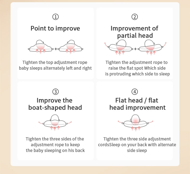 Guide on how to adjust the baby pillow drawstrings to correct flat head syndrome, plagiocephaly, and boat-shaped head.